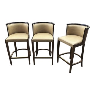 Dessin Fournir Hixon Walnut Barrel Back Leather Bar Stools - Set of 3 For Sale