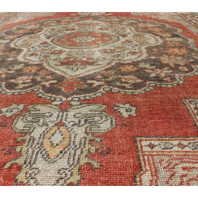 1920s Antique Turkish Oushak Rug With Floral Medallion in Red, Charcoal and Cream For Sale - Image 5 of 10