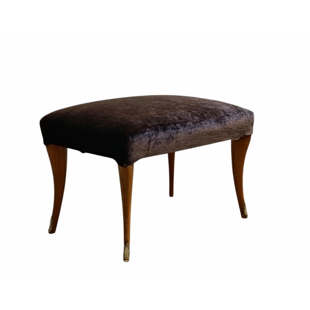 Mid-Century Modern Velvet Stool with Shaped Legs and Brass End Caps, Italy, 1950s For Sale - Image 3 of 8