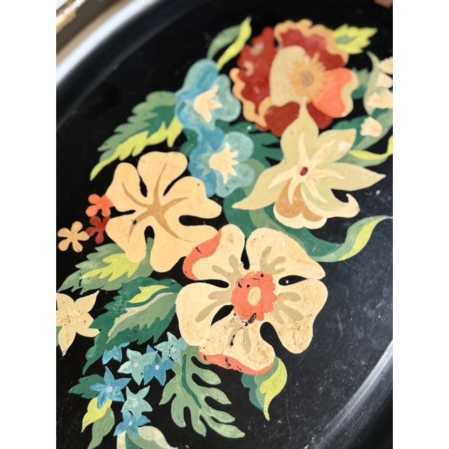 Mid 20th Century Vintage Chippy Hand Painted Floral Toleware Tray For Sale - Image 5 of 8