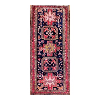 Vintage Persian Hamadan Gallery Rug, Hand-Knotted Wool, Geometric Bird Motifs Design, Navy & Red, 5’ X 11’ For Sale
