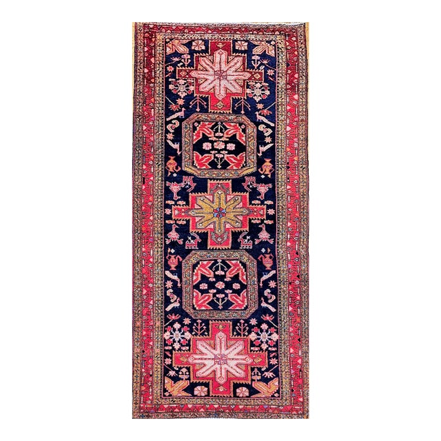 Vintage Persian Hamadan Gallery Rug, Hand-Knotted Wool, Geometric Bird Motifs Design, Navy & Red, 5’ X 11’ For Sale