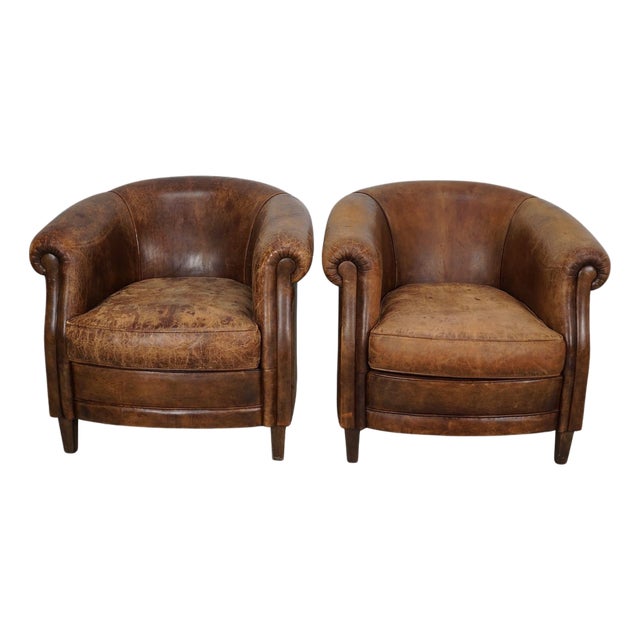 Vintage Dutch Cognac Colored Leather Club Chairs, Set of 2 For Sale