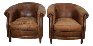 Vintage Dutch Cognac Colored Leather Club Chairs, Set of 2