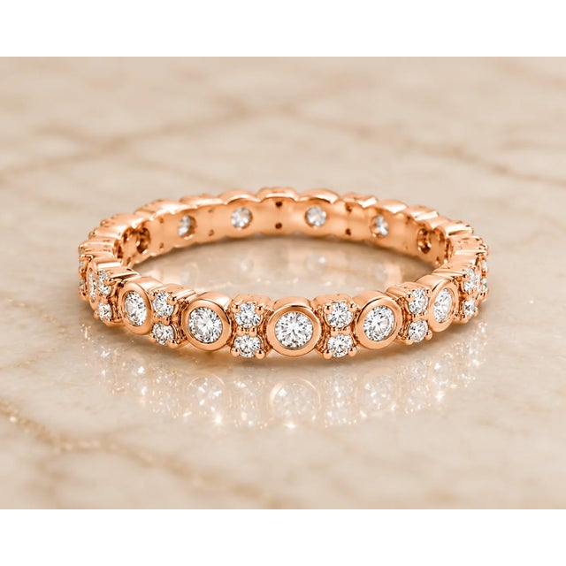 Traditional 14K Pink Rose Gold Diamond Eternity Wedding Band Ring Estate Designer For Sale - Image 3 of 4