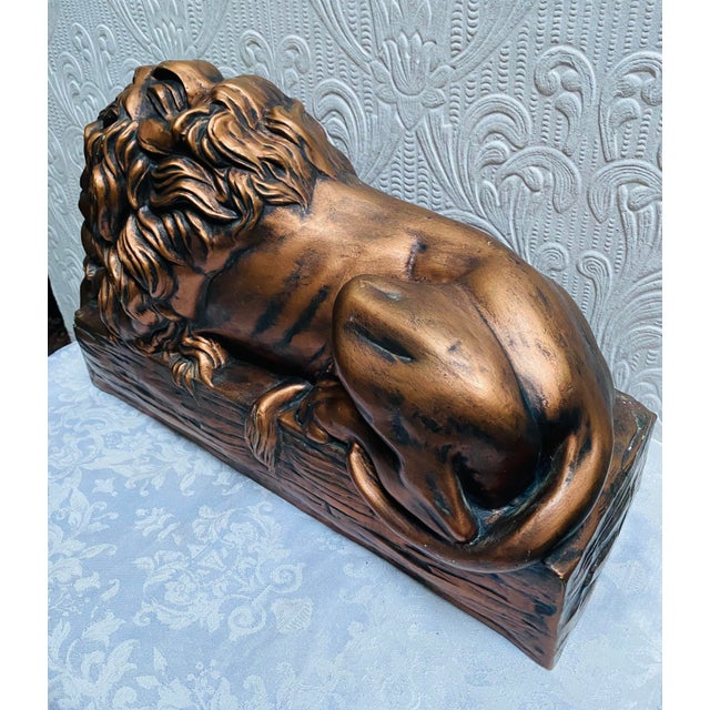 Mid-Century Modern Large Lion Copper Painted Ceramic Figurine Glass Eyes Signed He For Sale - Image 10 of 12