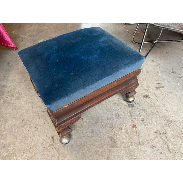 1970s Blue Covered Wooden Ottoman on Wheels For Sale In Atlanta - Image 6 of 6