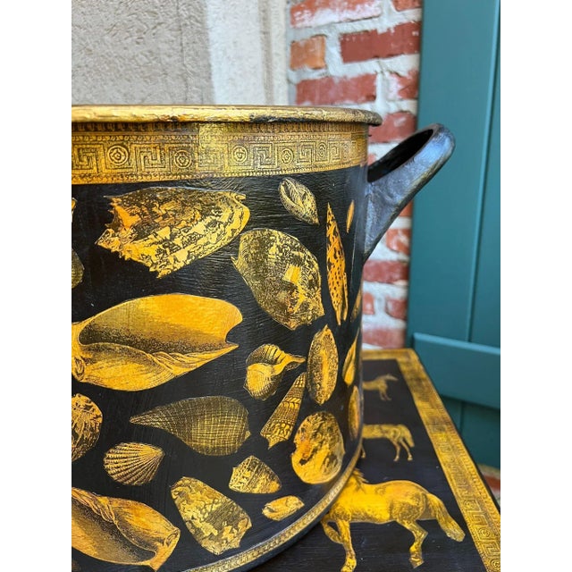 Large Antique English Planter Cachepot Black Metal Lacquer Shell Decoupage C1890 For Sale In Dallas - Image 6 of 18