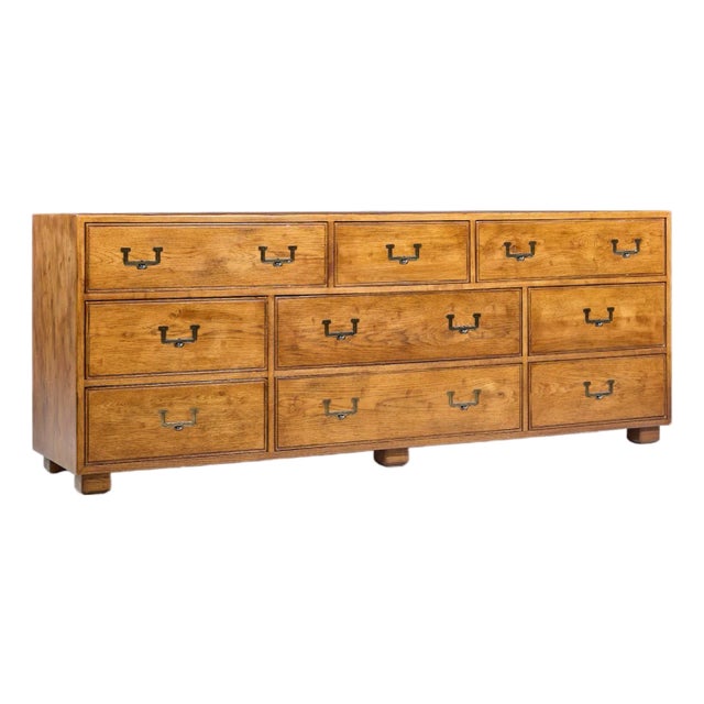 Mid 20th Century Henredon Campaign Mid Century Oak and Brass Lowboy Dresser For Sale
