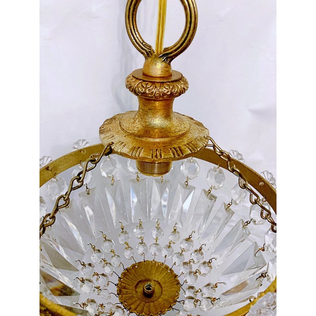 1950s Italian Brass and Crystal Rosettes Rim Basket Chandelier For Sale In New York - Image 6 of 8