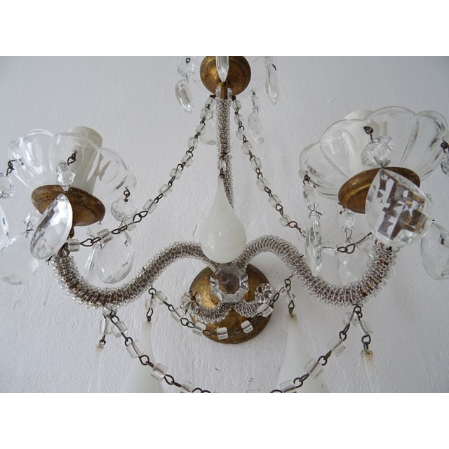1900 French White Opaline Murano Drops Micro Beaded Crystal Sconces 3 Lights For Sale - Image 6 of 12