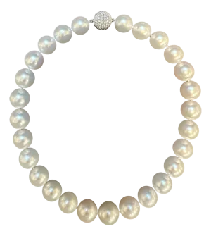 13-16 mm White South Sea Round Pearl Necklace - AAA Quality, 27 P, Diamond Ball