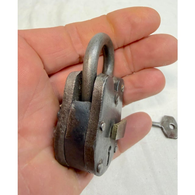 Antique Working Handmade Miniature Riveted Steel Brass Skeleton Key Pad Lock For Sale - Image 4 of 10