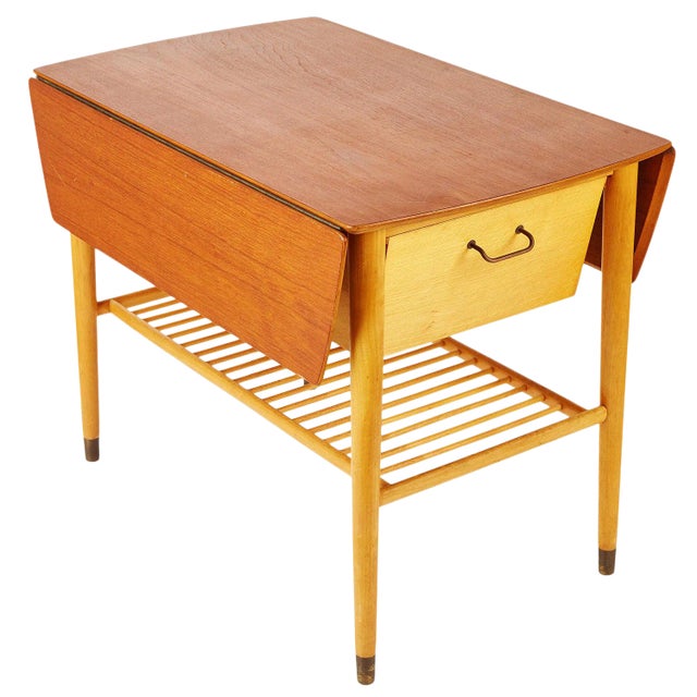 Custom Handcrafted Teak Drop Leaf Table With Wine Storage For Sale