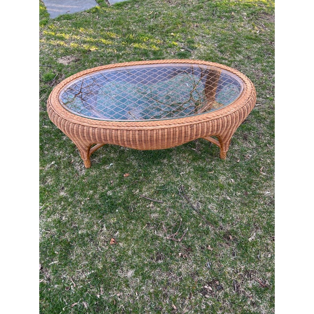 1960s Boho Chic French Coastal Wicker and Glass Coffee Table For Sale In New York - Image 6 of 7