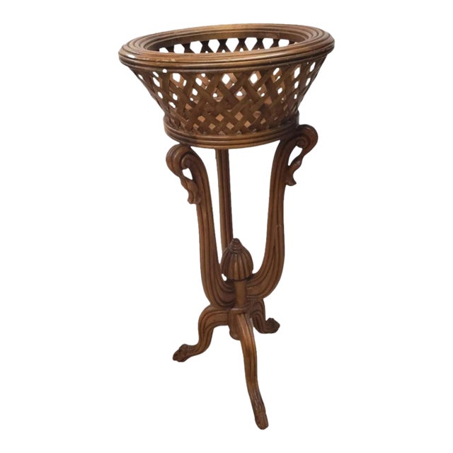 1970s Vintage Carved Fruitwood Tripod Planter on Stand For Sale
