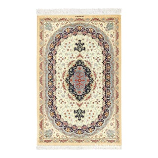 Nazmiyal Collection Floral Scatter Ivory Persian Fine Silk Qum Area Rug For Sale