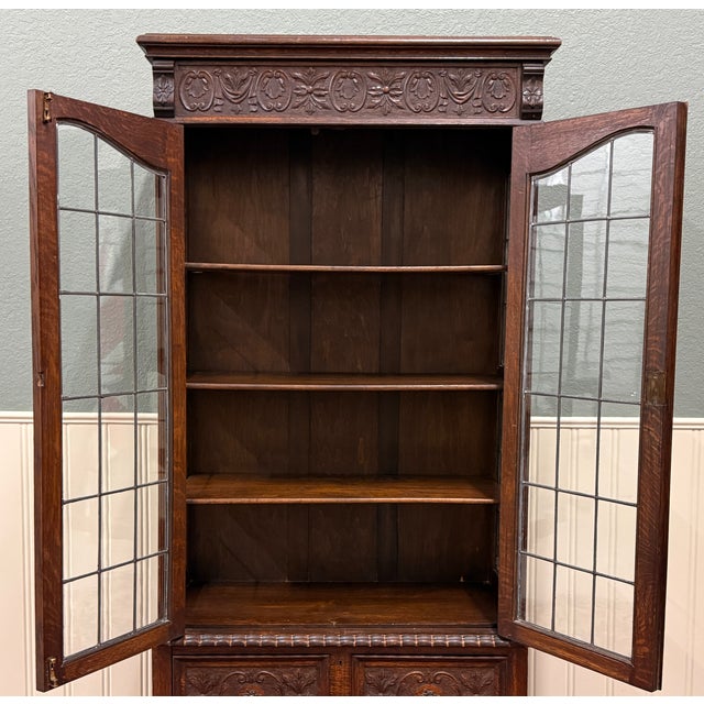 Antique English Jacobean Bookcase Cabinet Double Door Glass Drawers Oak c.1930s For Sale - Image 14 of 18