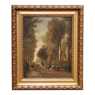 19th Century French Barbizon Style Landscape With Cattle in Gilt Frame For Sale