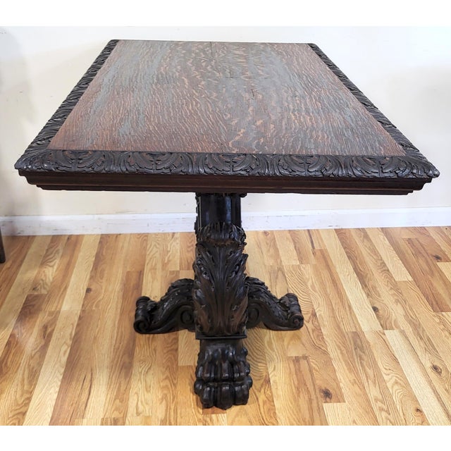 Antique American Carved Oak "Fleur-De-Lis" Base Renaissance Library Center Table For Sale In New York - Image 6 of 13