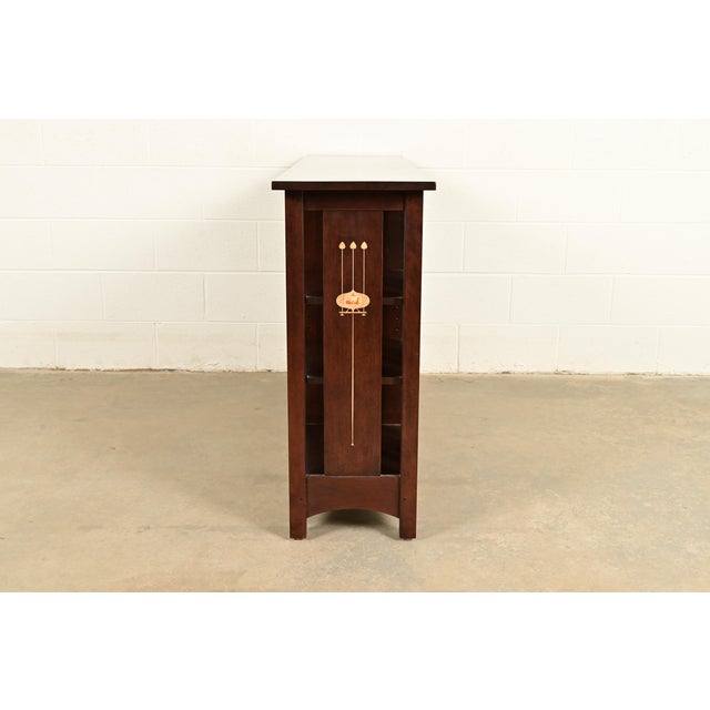 Stickley Harvey Ellis Collection Mission Arts & Crafts Inlaid Cherry Wood Slatted Triple Bookcase For Sale - Image 10 of 12