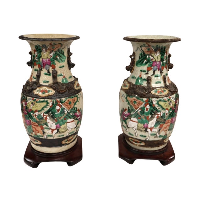 Pair Chinese Nanking Crackle Glaze Famille Verte Warrior Vases With Dragons, Late Qing C. 1880 For Sale - Image 9 of 10