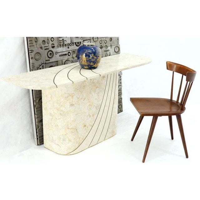 Off-white Tessellated Stone Veneer Tile Brass Inlay Pedestal Base Console Sofa Table For Sale - Image 8 of 12