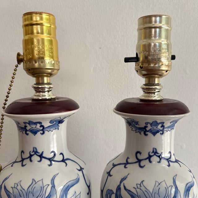 1990s Blue and White Floral Lamp Pair For Sale - Image 4 of 9