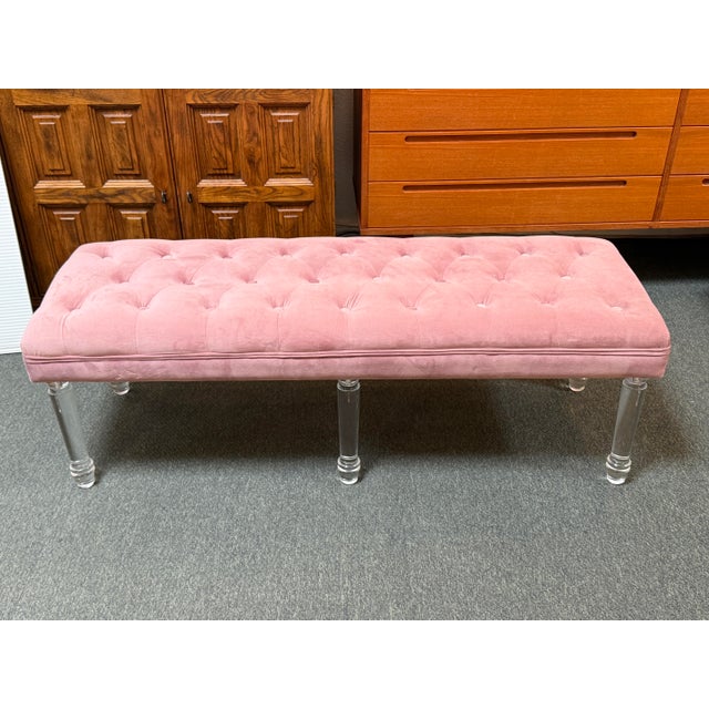 Design Plus Gallery presents a Customized Bench of Velvet + Lucite from Paris. The frame has turned lucite legs, six total...