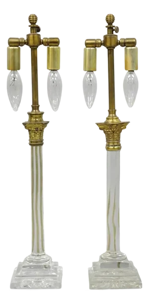 Antique Brass Corinthian Column Crystal Glass Candlestick Small Table Lamps Pair