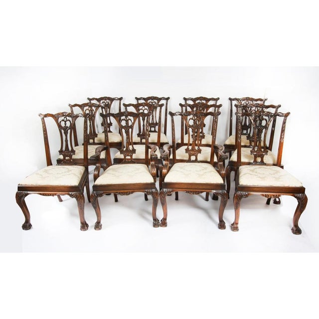 Vintage 20th Century 12ft Twin Pillar Mahogany Dining Table & 12 Chippendale Chairs, Set of 13 For Sale - Image 13 of 18