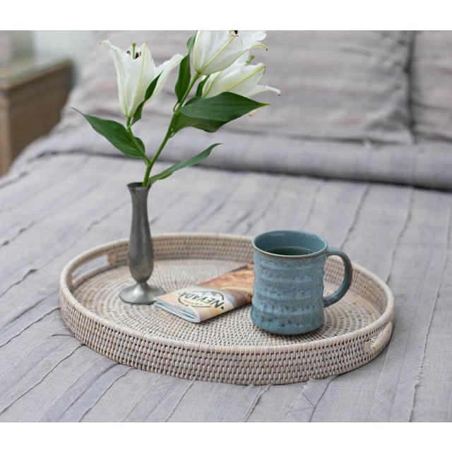 Boho Chic Artifacts Rattan Oval Tray with Cutout Handles in White Wash - 18" For Sale - Image 3 of 8