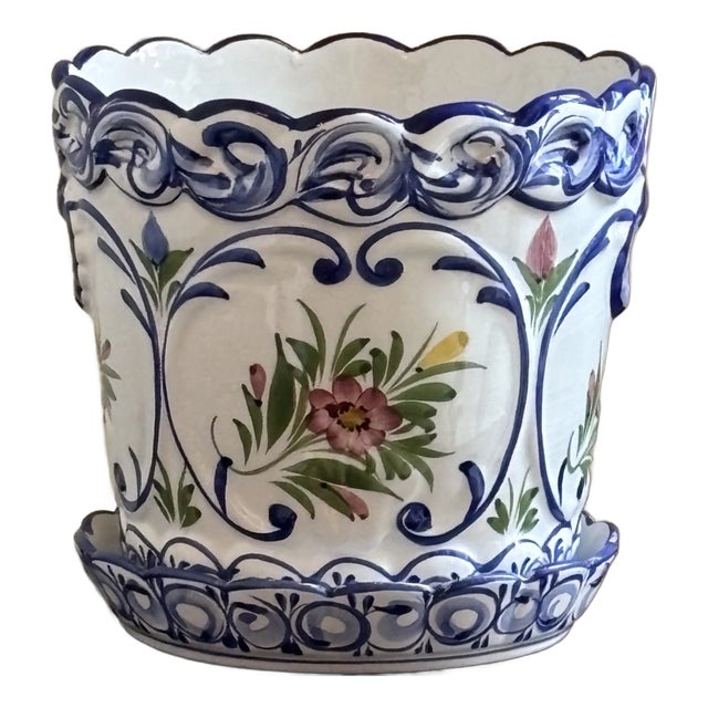 Mid-20th Century RCCL Portugal Ceramic Cachepot & Saucer For Sale