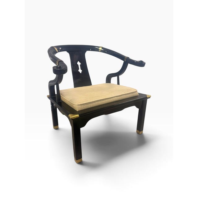Vintage Spanish Chinoiserie Black Lacquer & Brass Horseshoe Chair, James Mont Style For Sale - Image 4 of 13