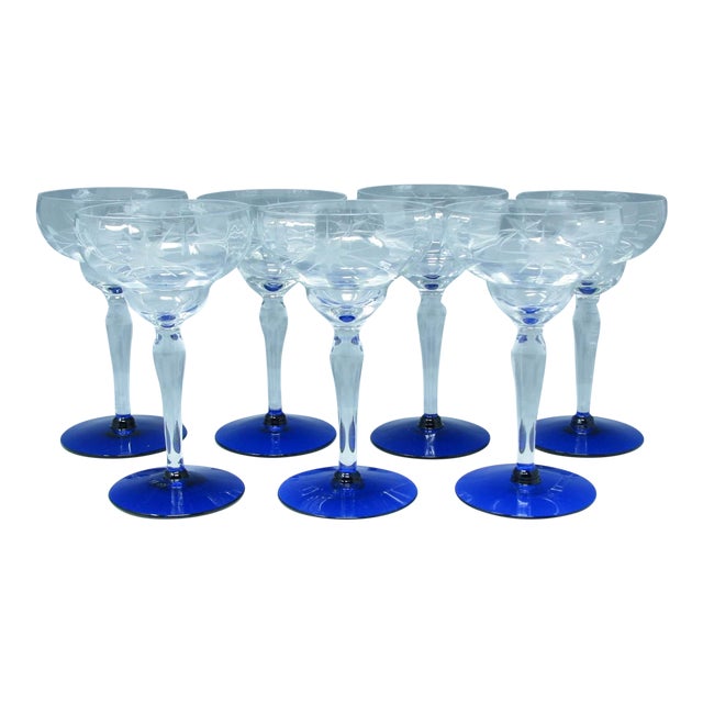 Vintage 1930s Weston Cut Glass Liquor Cocktail Goblets With Floral Design and Cobalt Foot - 7 Pieces For Sale