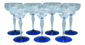 Vintage 1930s Weston Cut Glass Liquor Cocktail Goblets With Floral Design and Cobalt Foot - 7 Pieces