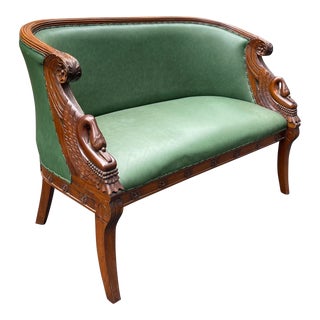 1950s French Empire / NeoClassical Style Carved Mahogany and Leather Settee For Sale