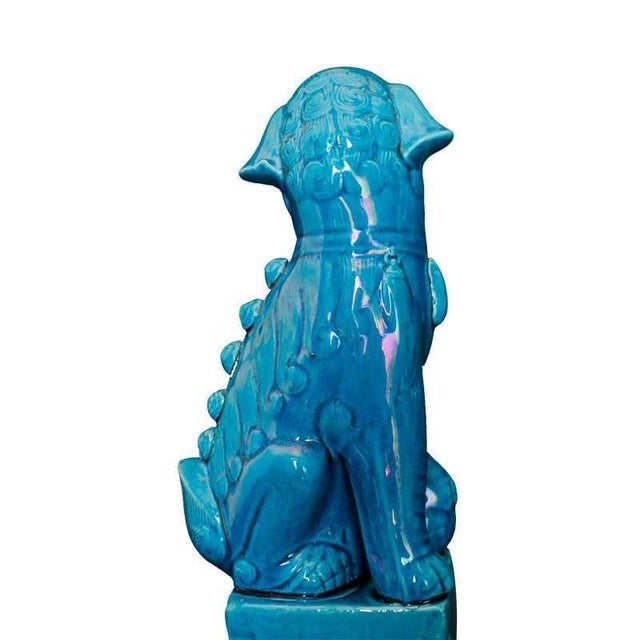Mid 20th Century Pair of Vintage Peacock Blue Glazed Guardian Lions – 12.6" Foo Dogs on Pedestals For Sale - Image 5 of 6