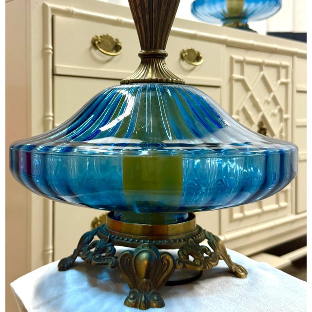 Vintage Monumental Italian Hand Blown Mid-Century Blue Glass and Brass Lamps After Murano-a Pair For Sale In Chicago - Image 6 of 11