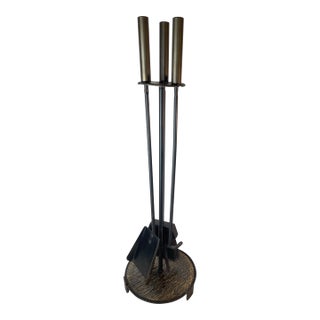 Mid-Century Modern Black Iron & Brass Fireplace Tool Set With Stand For Sale