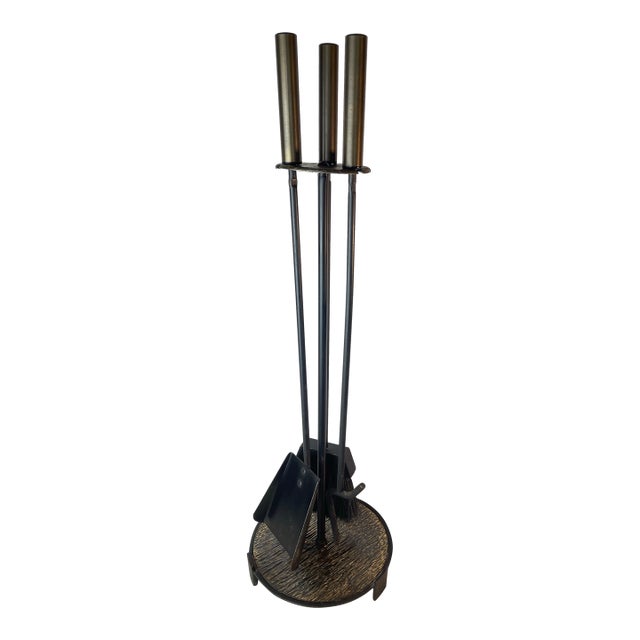 Mid-Century Modern Black Iron & Brass Fireplace Tool Set With Stand For Sale