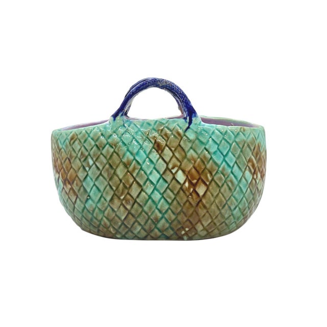 English English Majolica Basket Mottled Green Cobalt Handle Lavender Interior, Ca. 1875 For Sale - Image 3 of 8