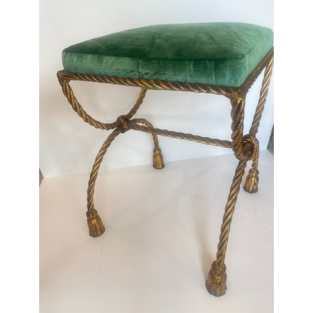 Metal 1950s Italian Hollywood Regency Rope & Tassel Gilt Metal Stool For Sale - Image 7 of 17