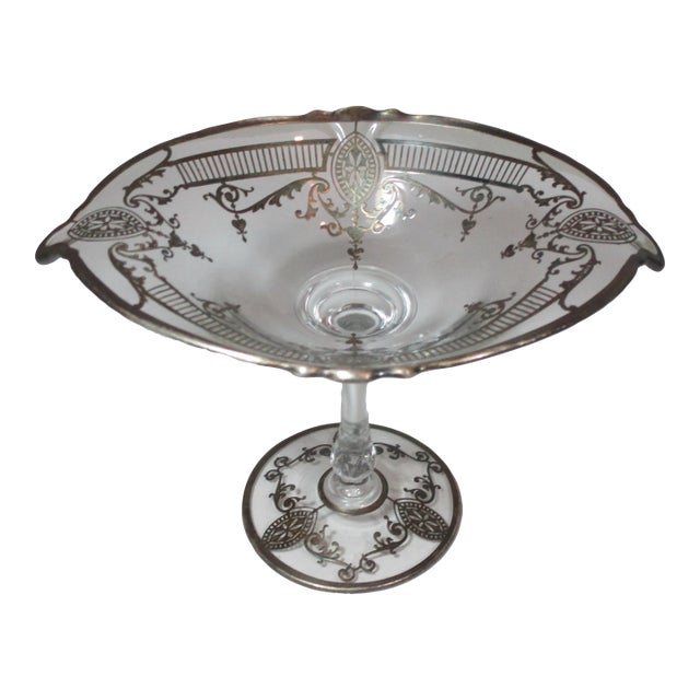 1900s Antique Edwardian Stemmed Compote With Sterling Silver Inlay For Sale
