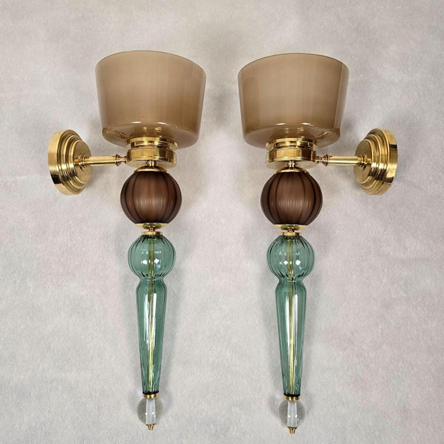 Mid-Century Modern 1990s Petrol Blue, Beige Murano Glass Sconces - a Pair For Sale - Image 3 of 15