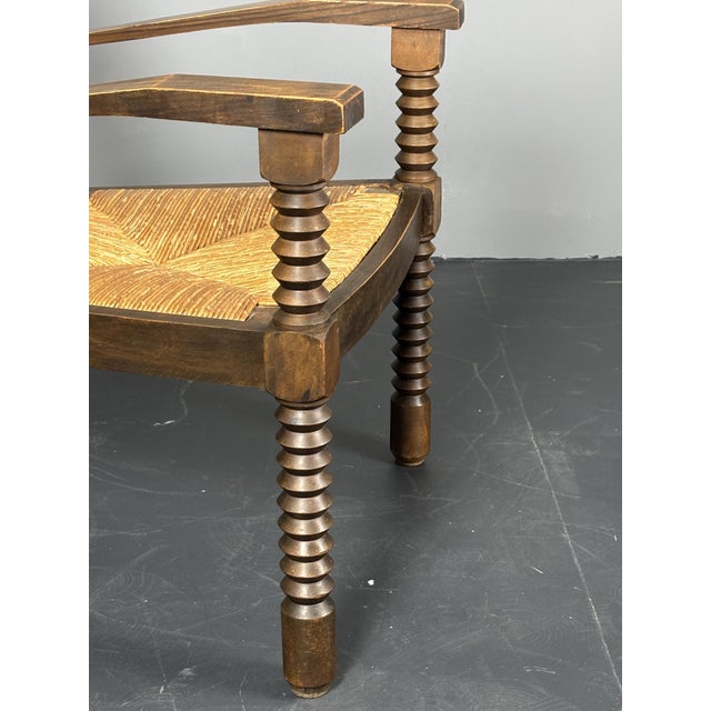 Charles Dudouyt Brutalist Turned Oak and Rush Armchair in the style of Charles Dudouyt, France, 1950s For Sale - Image 4 of 18