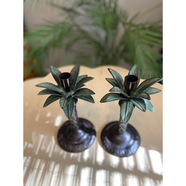 Metal Vintage Coastal Palm Beach Chic Metal Tole Palm Trees Candle Holder- Set of 2 For Sale - Image 7 of 11