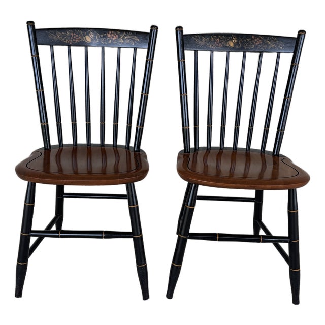 L. Hitchcock Black Harvest Maple Prospect Windsor Side Chairs - A Pair For Sale