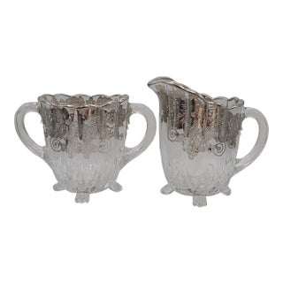 Vintage Silver Overlay Grapevine Sugar & Creamer Set Attributed to Silver City Glass Co.- 2 Pieces For Sale