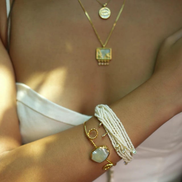 Early 21st Century Pearl Stone Gold Twisted Cleopatra Cuff Bracelet For Sale - Image 5 of 7